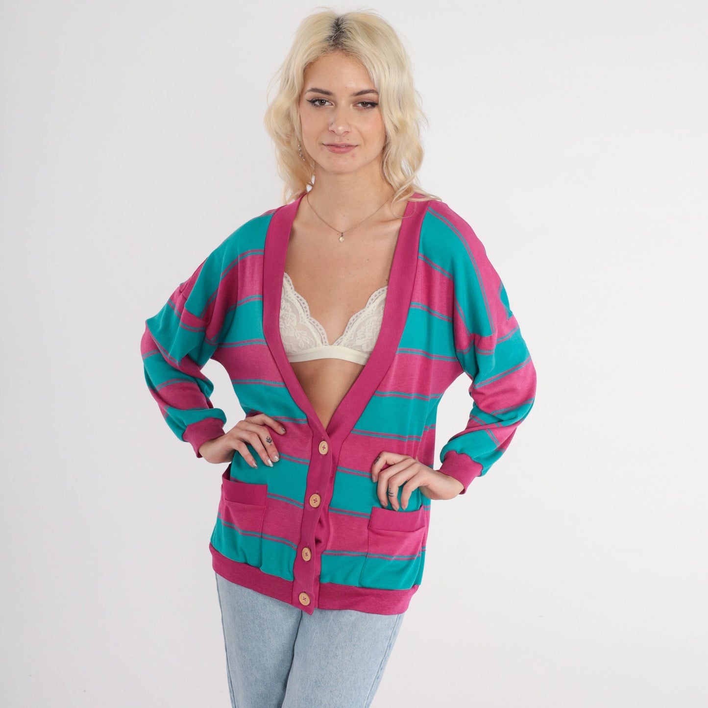 90s Striped Cardigan Sweatshirt Pink Turquoise Button-Up Large L