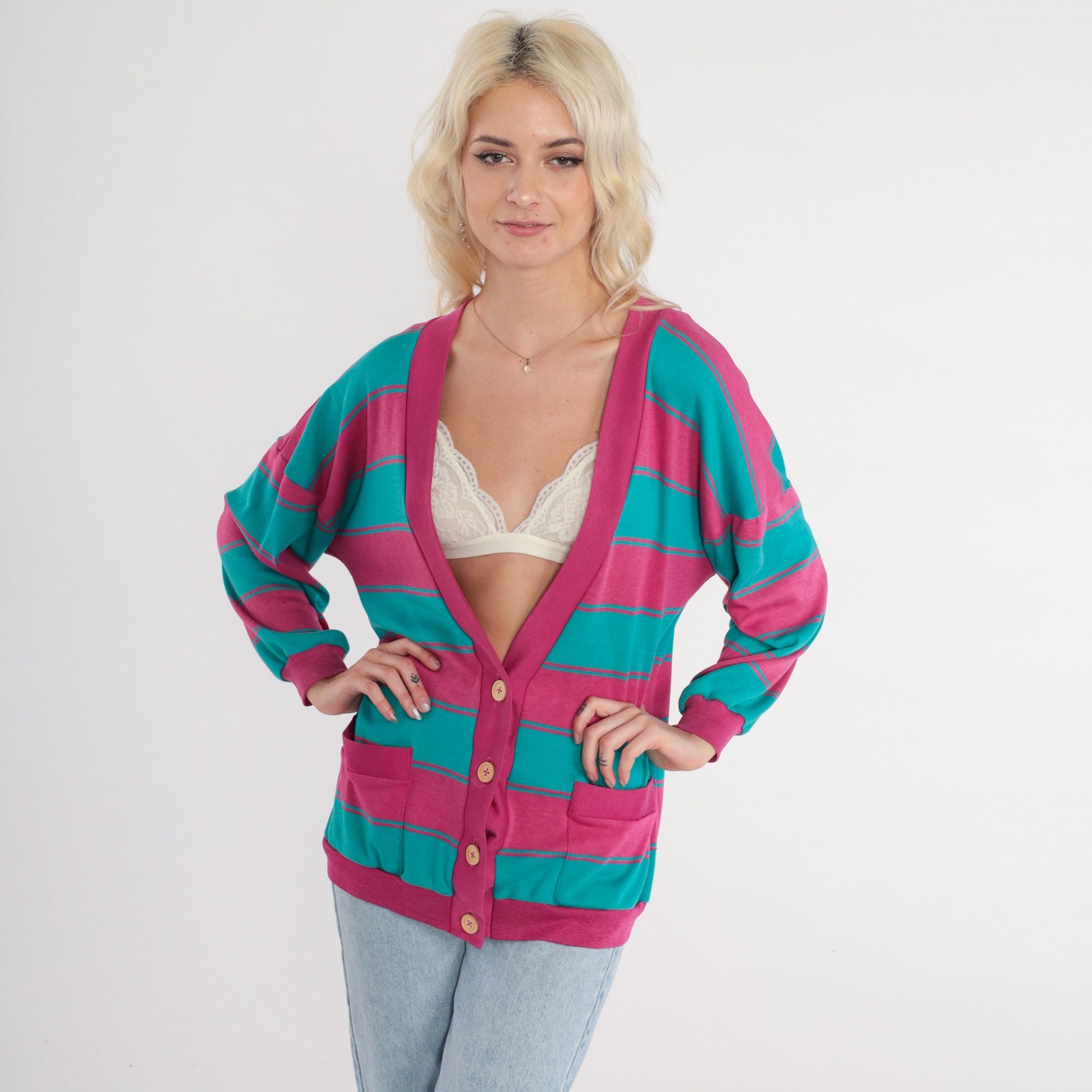 90s Striped Cardigan Sweatshirt Pink Turquoise Button-Up Large L