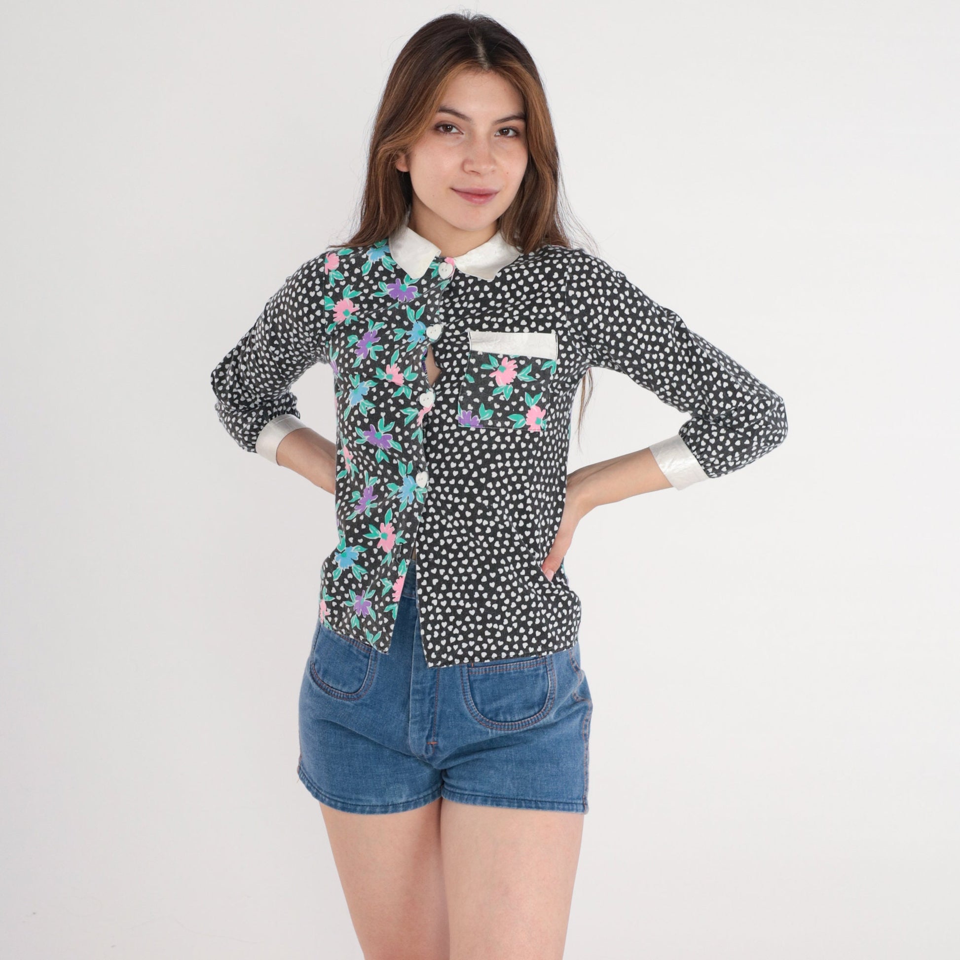 90s Floral Polka Dot Button-Up Blouse White Black Heart Long Sleeve XXS