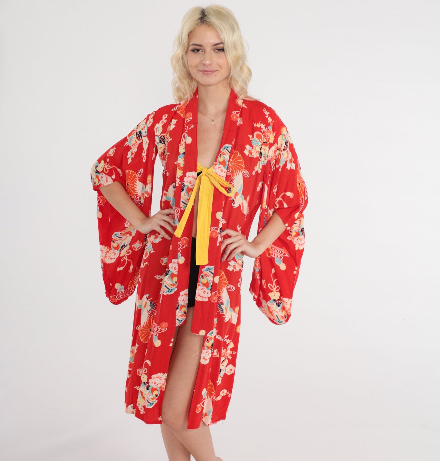 80s Red Floral Kimono Robe Midi Crane Print Tie Front Medium