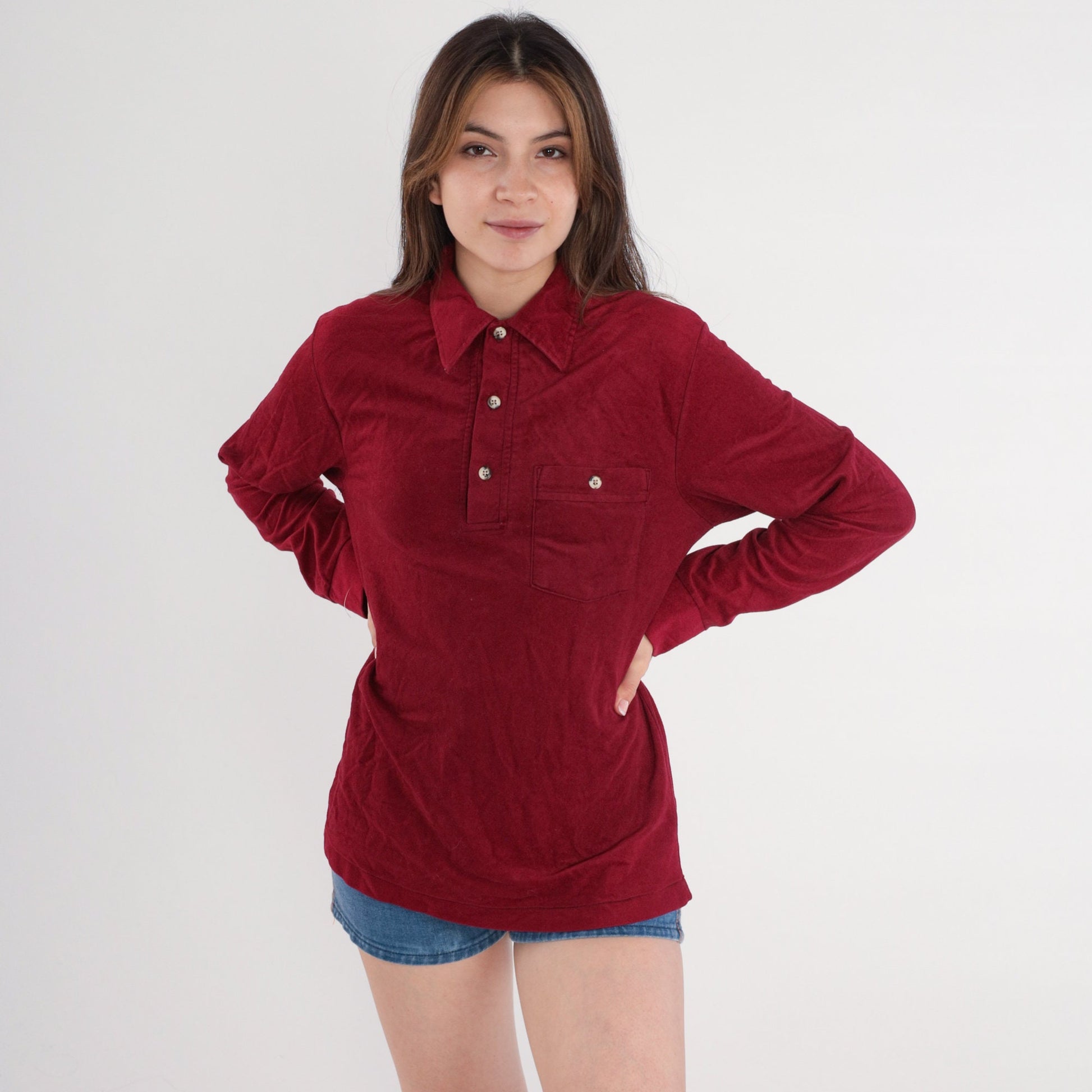 80s Burgundy Polo Shirt Half Button Long Sleeve Men's Small