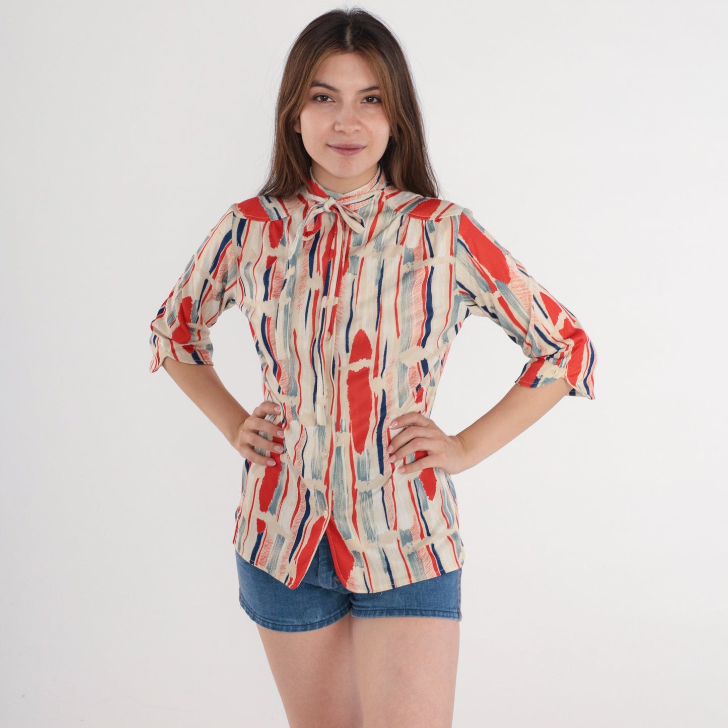 70s Striped Ascot Blouse Orange Beige Brushstroke Long Sleeve Button Up Small
