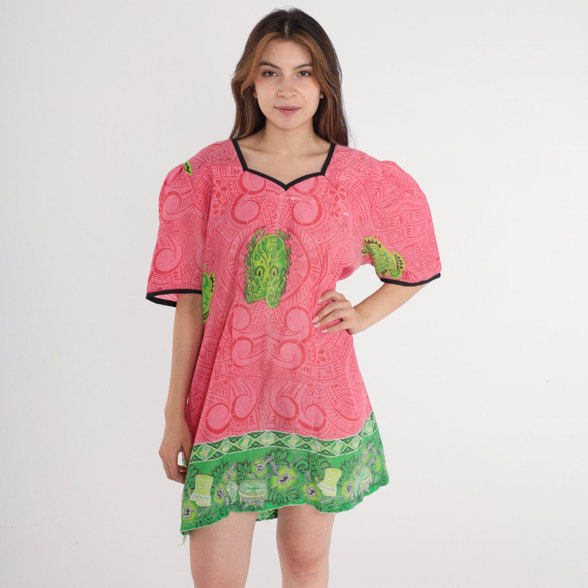 90s Hawaiian Squid Print Mini Dress Puff Sleeve Shift Pink Extra Large XXL