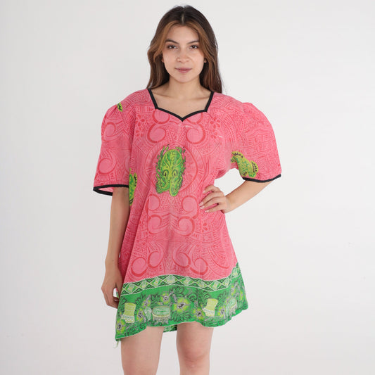 90s Hawaiian Squid Print Mini Dress Puff Sleeve Shift Pink Extra Large XXL