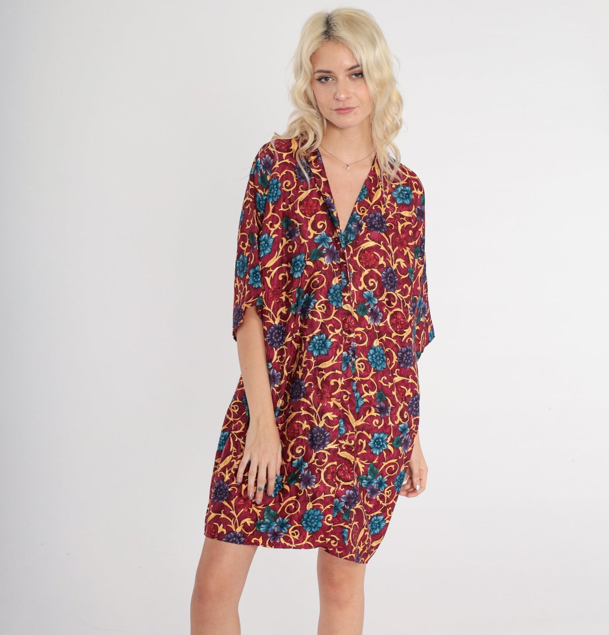 90s L.A Intimates Burgundy Floral Kimono Robe Mini Wrap Medium M