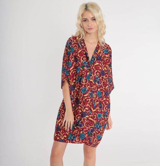 90s L.A Intimates Burgundy Floral Kimono Robe Mini Wrap Medium M