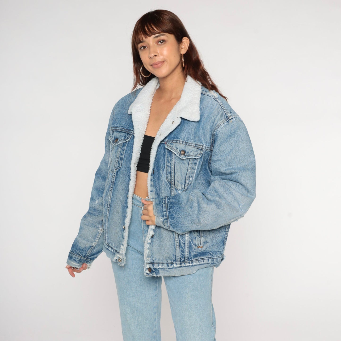 80s Levi's Sherpa Denim Jacket Blue Distressed Trucker Men's Large 44