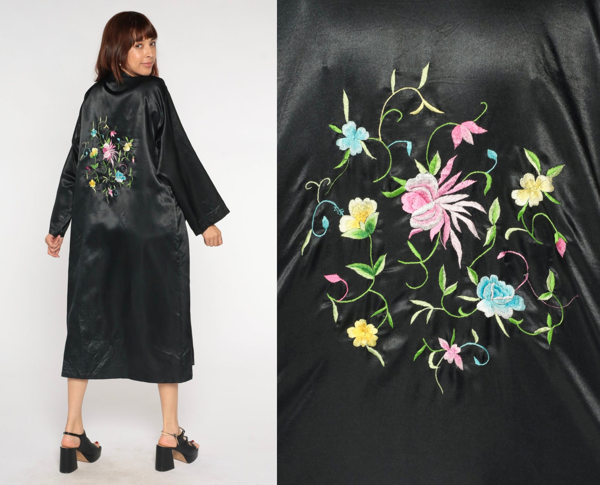 90s Black Satin Kimono Robe Floral Embroidered Open Front Maxi Medium