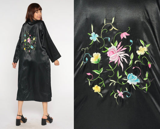 90s Black Satin Kimono Robe Floral Embroidered Open Front Maxi Medium