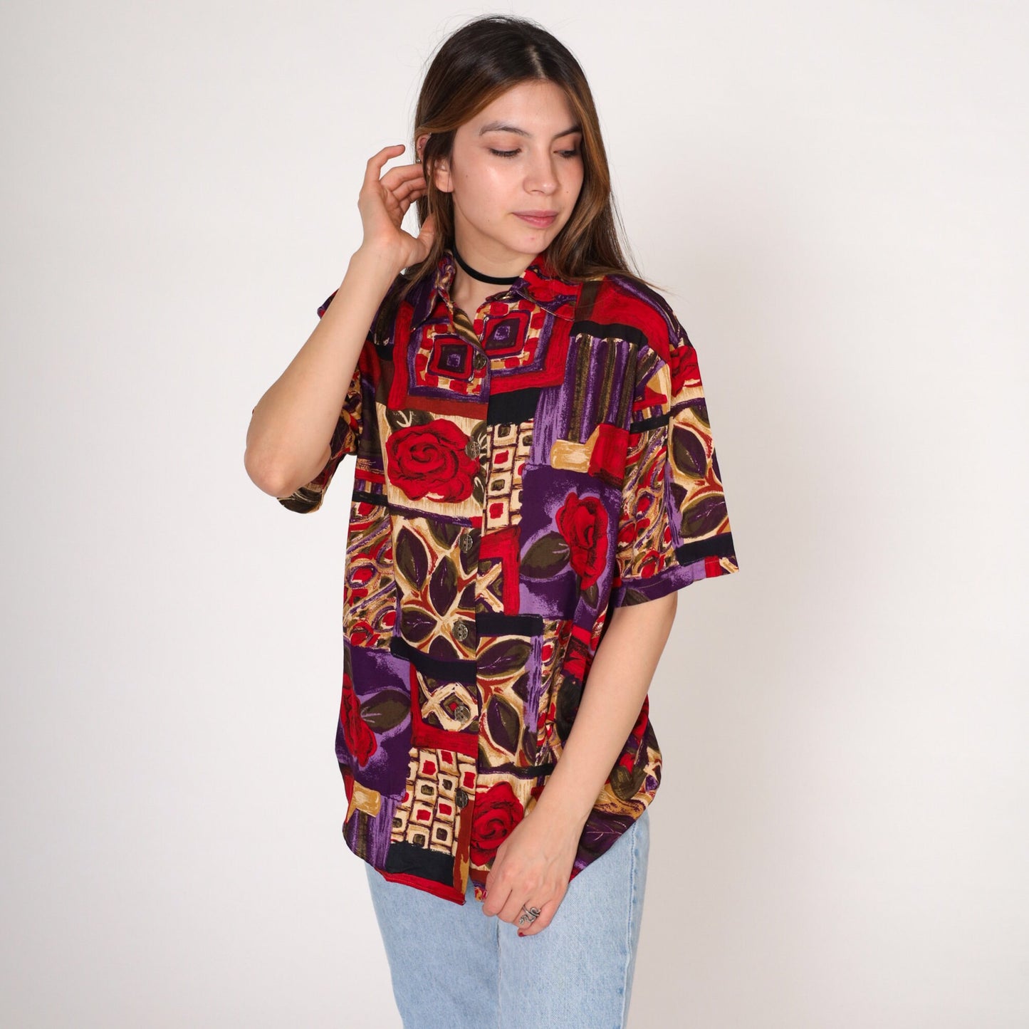 90s Jessica Scott Floral Button-Up Blouse Short Sleeve Rose Print Red Purple Medium