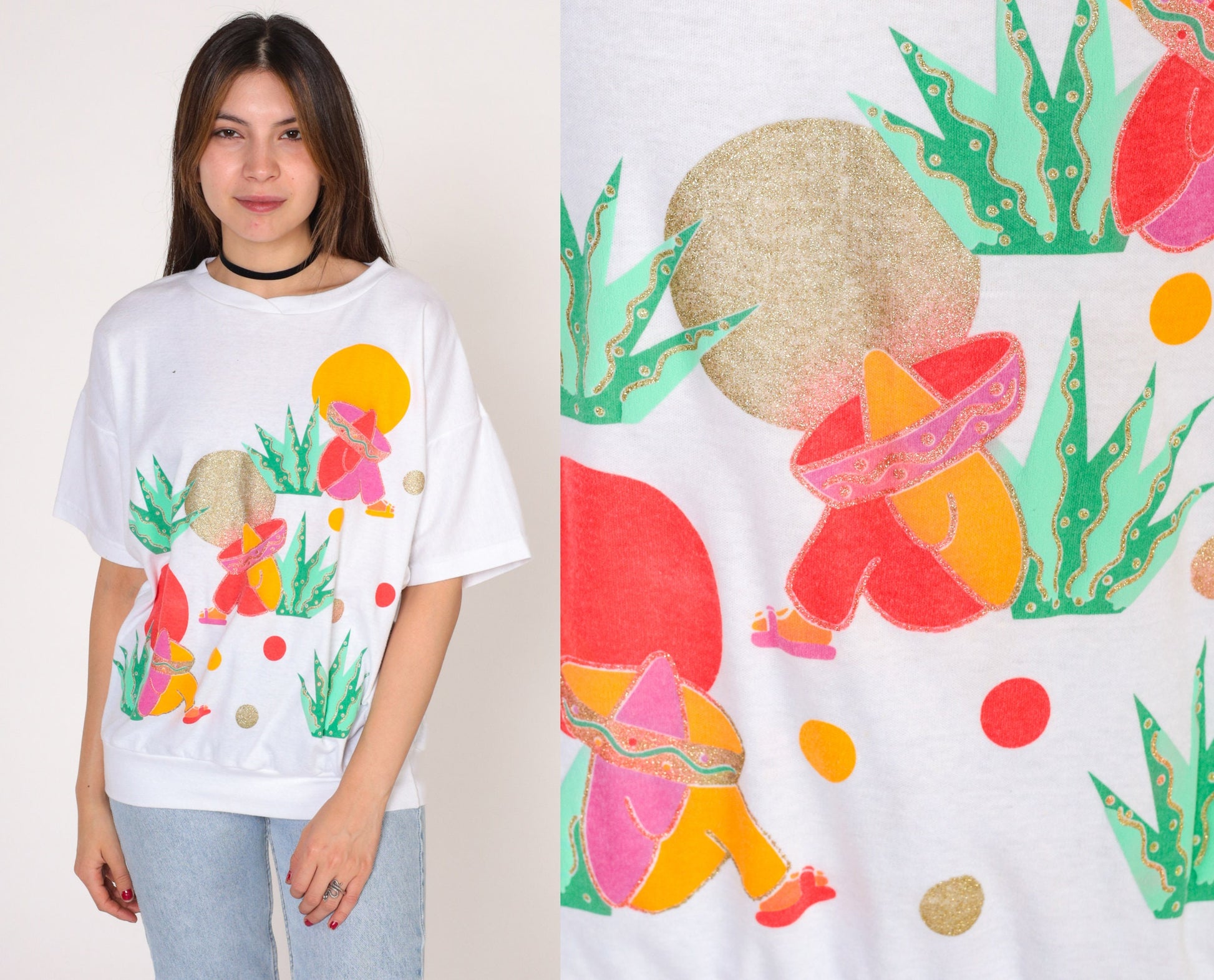 90s Jane Colby Art T-Shirt Sombrero Siesta Graphic White Cotton Large L