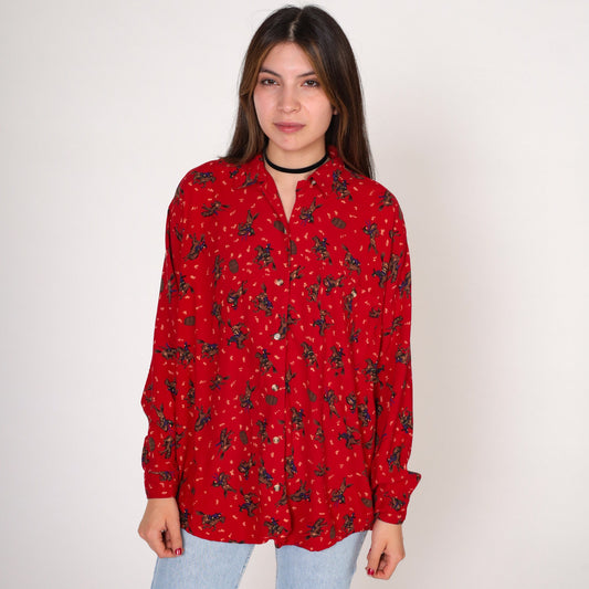 90s Ilio Rodeo Blouse Red Barrel Racing Bucking Bronco Print Button Up Medium M