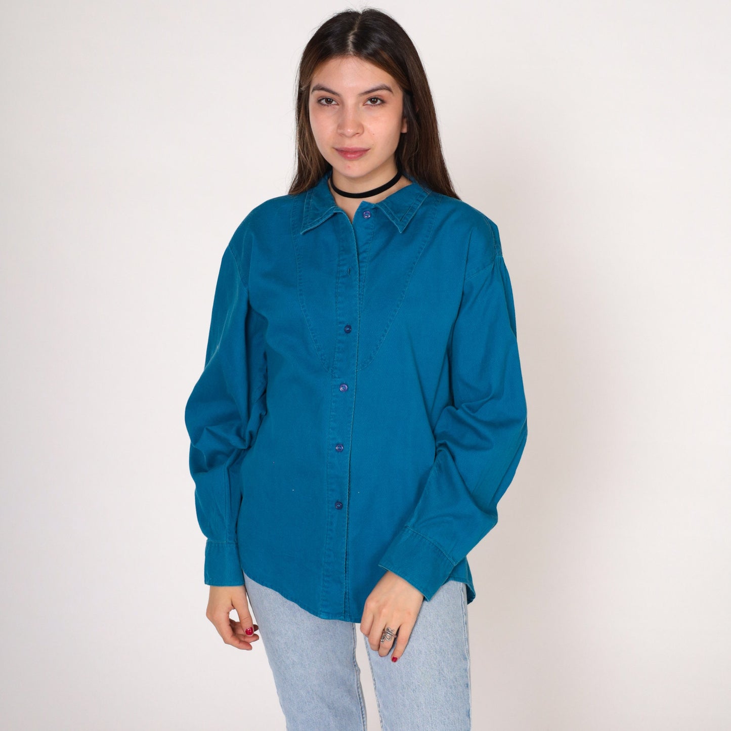 90s Wrangler Blue Western Blouse Lace-Up Back Button-Up Long Sleeve Medium