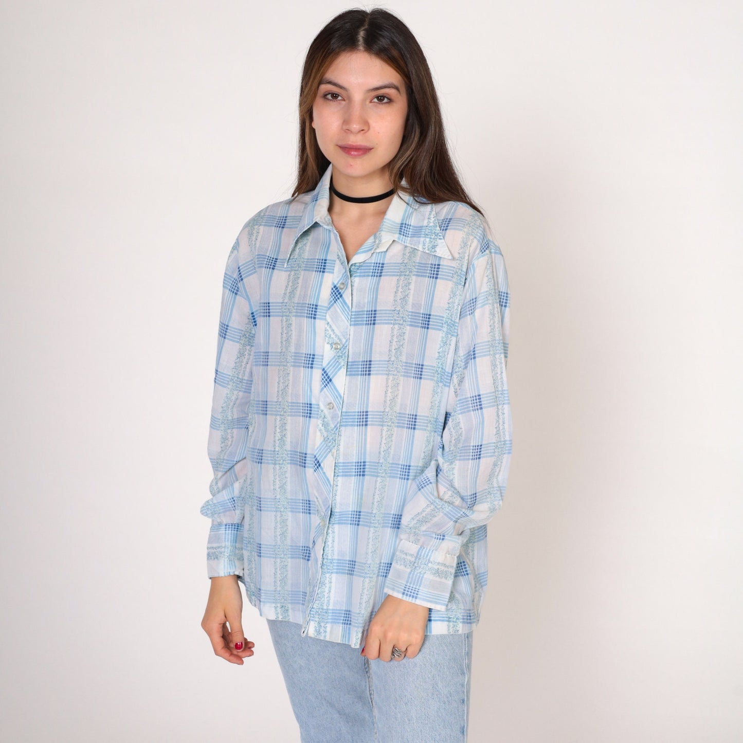 70s Checkered Floral Button-Up Blouse White Blue Plaid Long Sleeve Large L