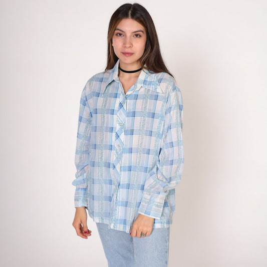 70s Checkered Floral Button-Up Blouse White Blue Plaid Long Sleeve Large L