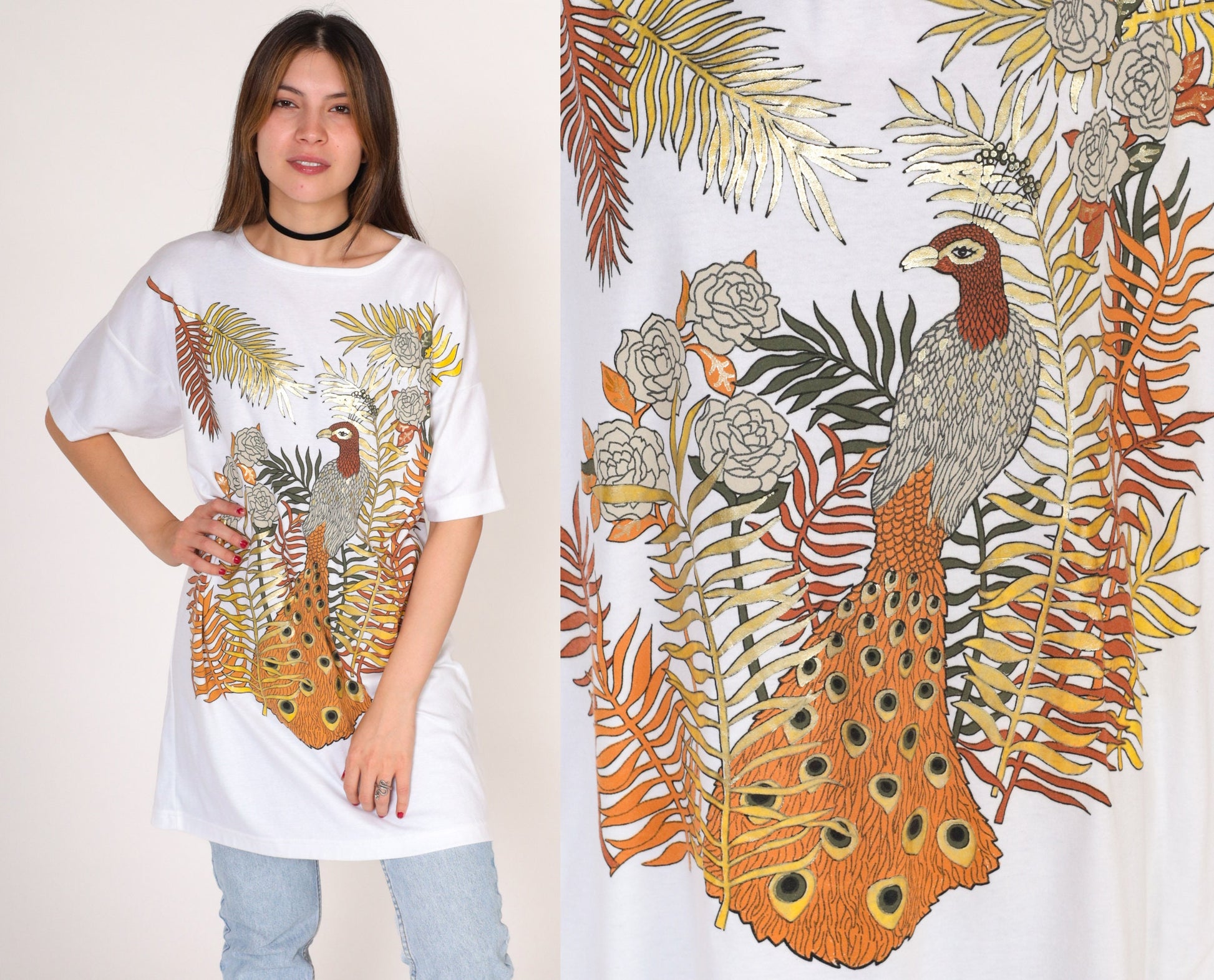 90s Peacock Metallic Gold Graphic T-Shirt Dress White Large L