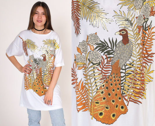 90s Peacock Metallic Gold Graphic T-Shirt Dress White Large L
