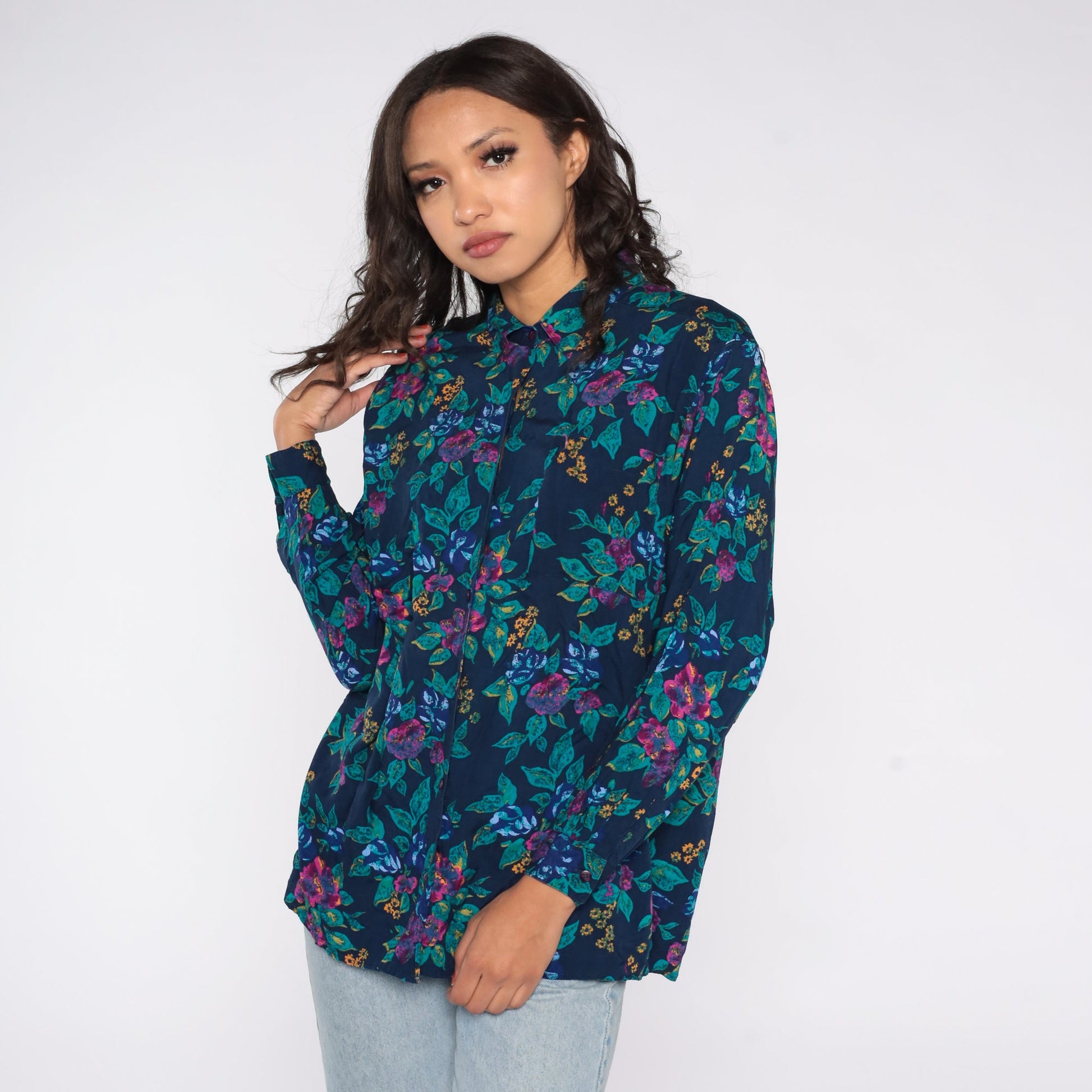 90s Floral Rayon Blouse Navy Blue Button Up Shirt Long Sleeve Medium