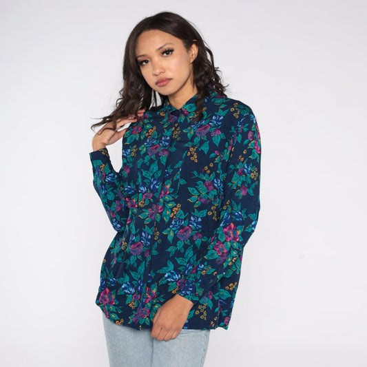 90s Floral Rayon Blouse Navy Blue Button Up Shirt Long Sleeve Medium