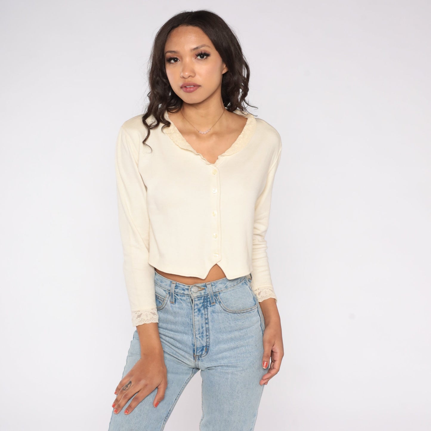 90s Cream Lace Trim Cropped Blouse Button Up Long Sleeve Small Medium