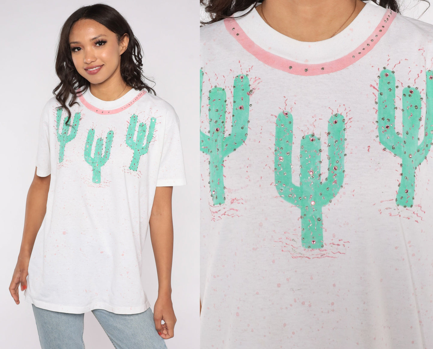 90s Saguaro Cactus Rhinestone Paint Splatter Graphic Tee White Medium