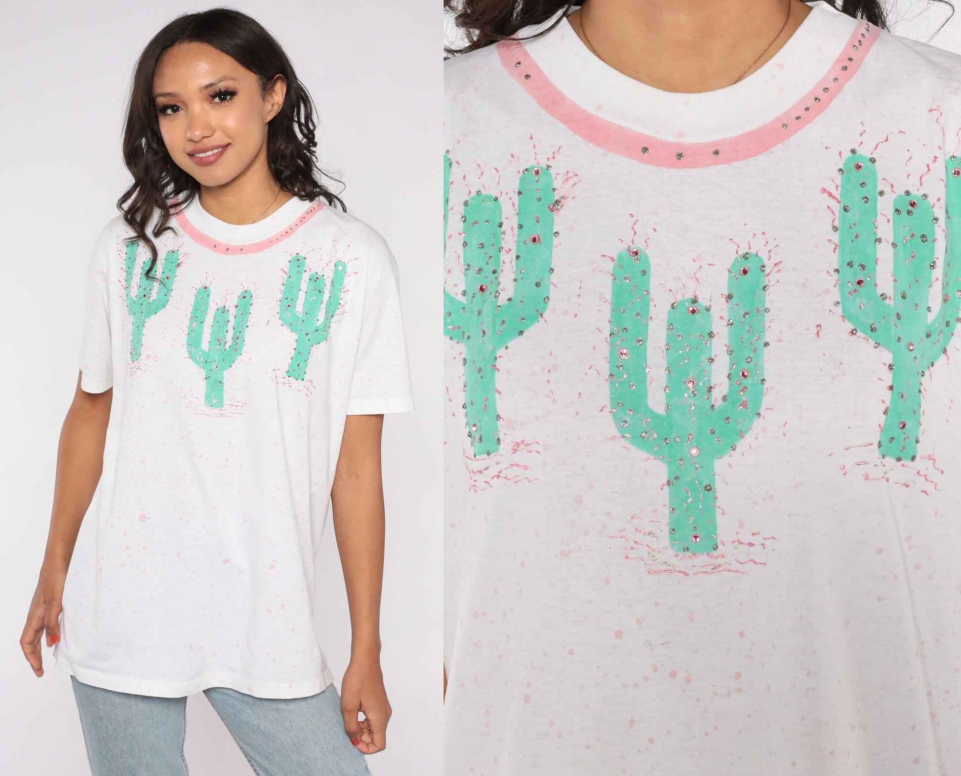 90s Saguaro Cactus Rhinestone Paint Splatter Graphic Tee White Medium