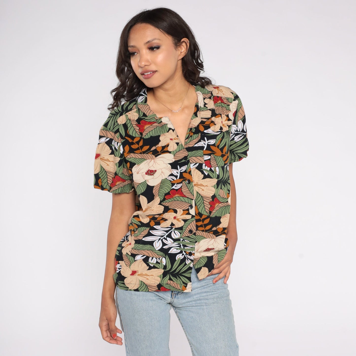 90s Tropical Floral Button Up Blouse Tan Leaf Print Short Sleeve Large L