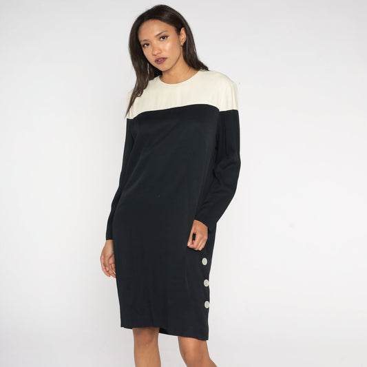 80s Color Block Shift Dress Black White Midi Long Sleeve Medium