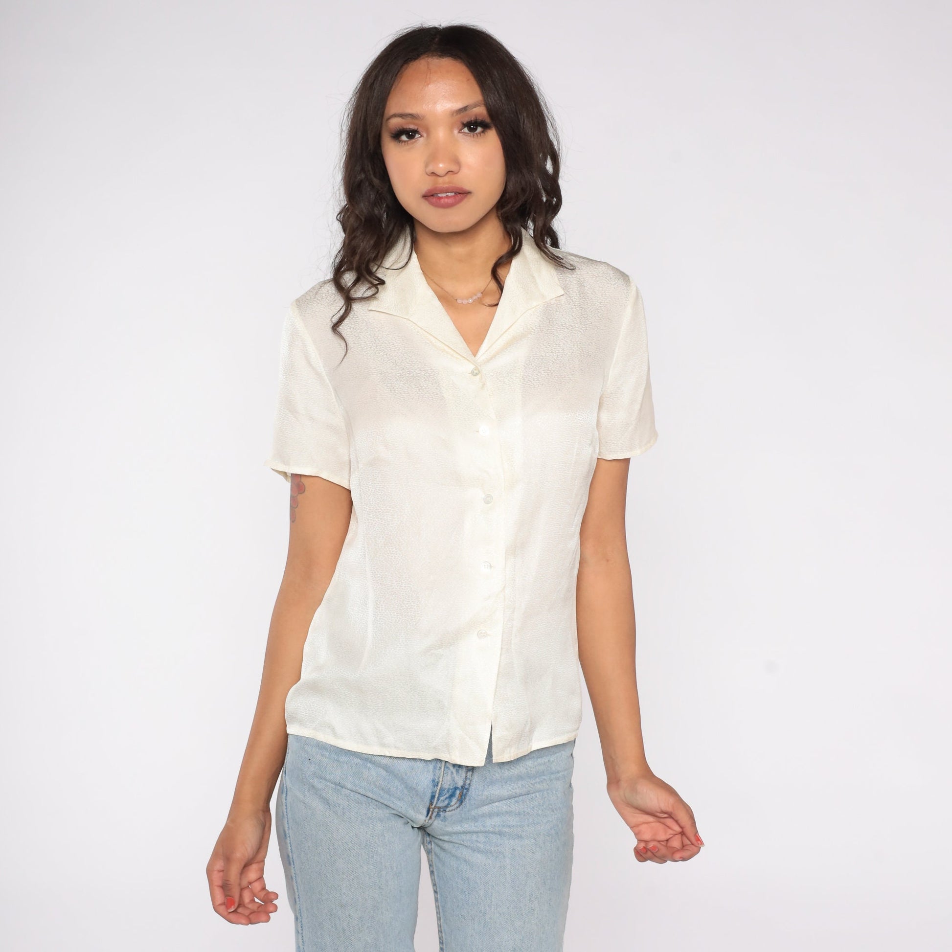 Y2K Liz Claiborne White Snakeskin Print Silk Blouse Short Sleeve Small