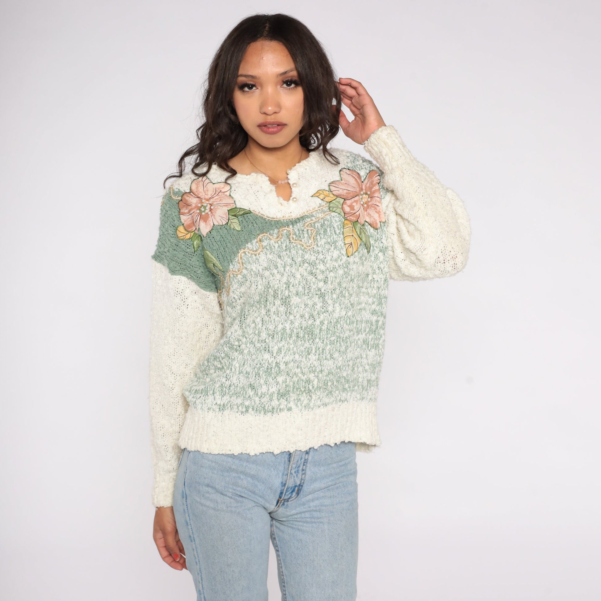 80s Floral Beaded Sweater Off-White Pearl Knit Pullover Large