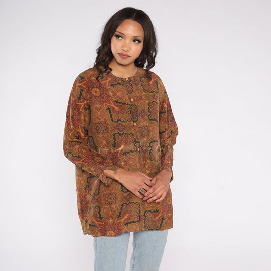 90s Geometric Print Button-Up Blouse Brown Yellow Long Sleeve Large L