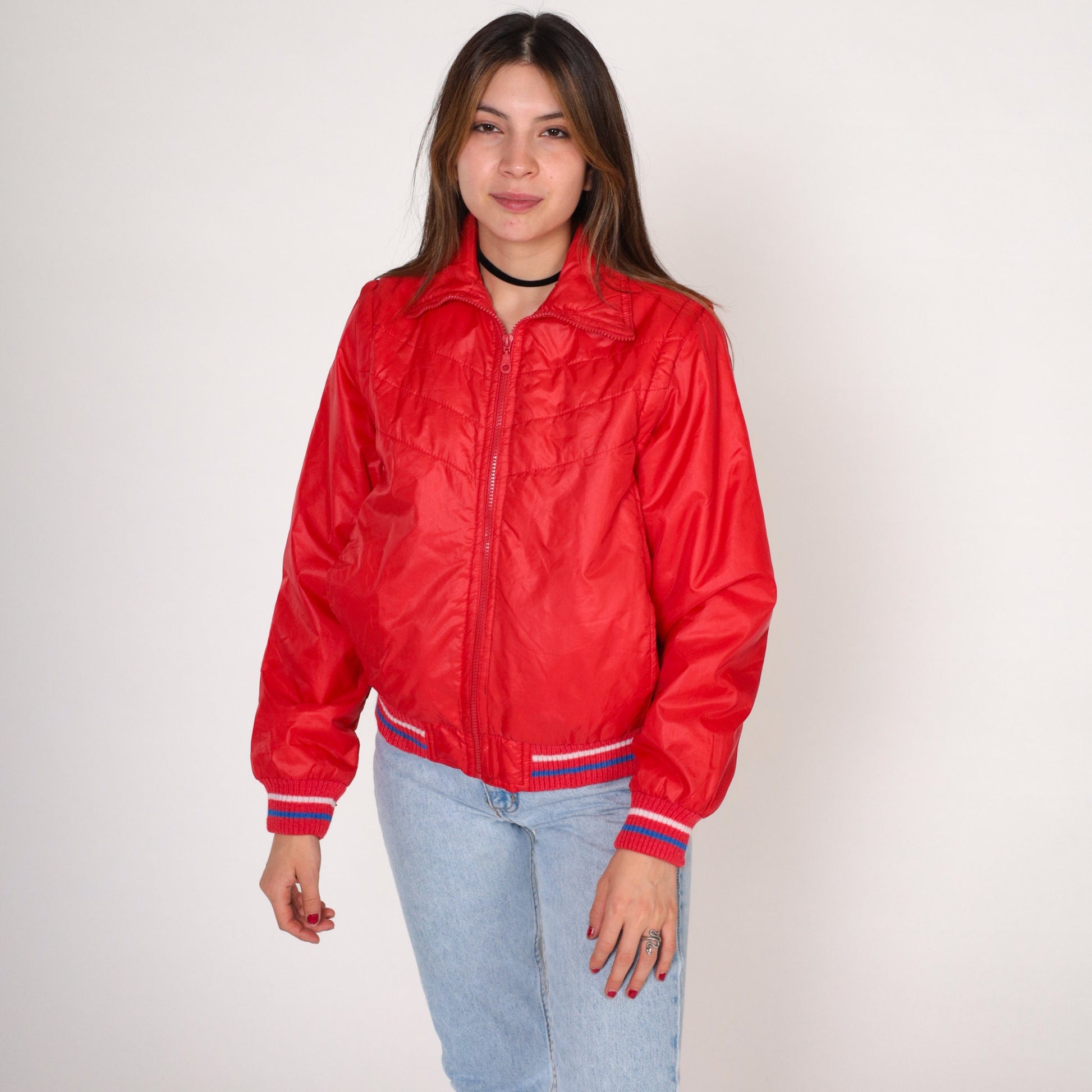 80s Red Quilted Convertible Jacket Zip-Off Sleeves Windbreaker Extra Small