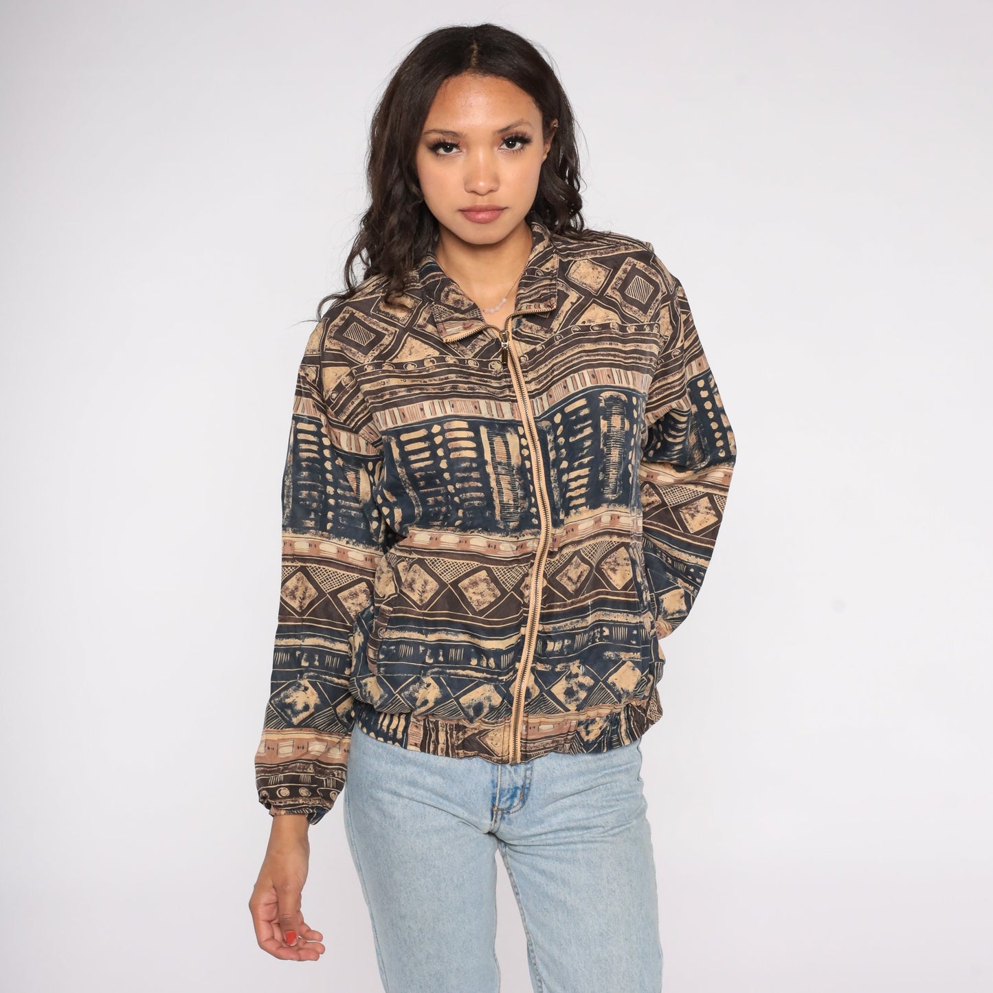 90s East West Silk Windbreaker Geometric Print Zip Jacket Small
