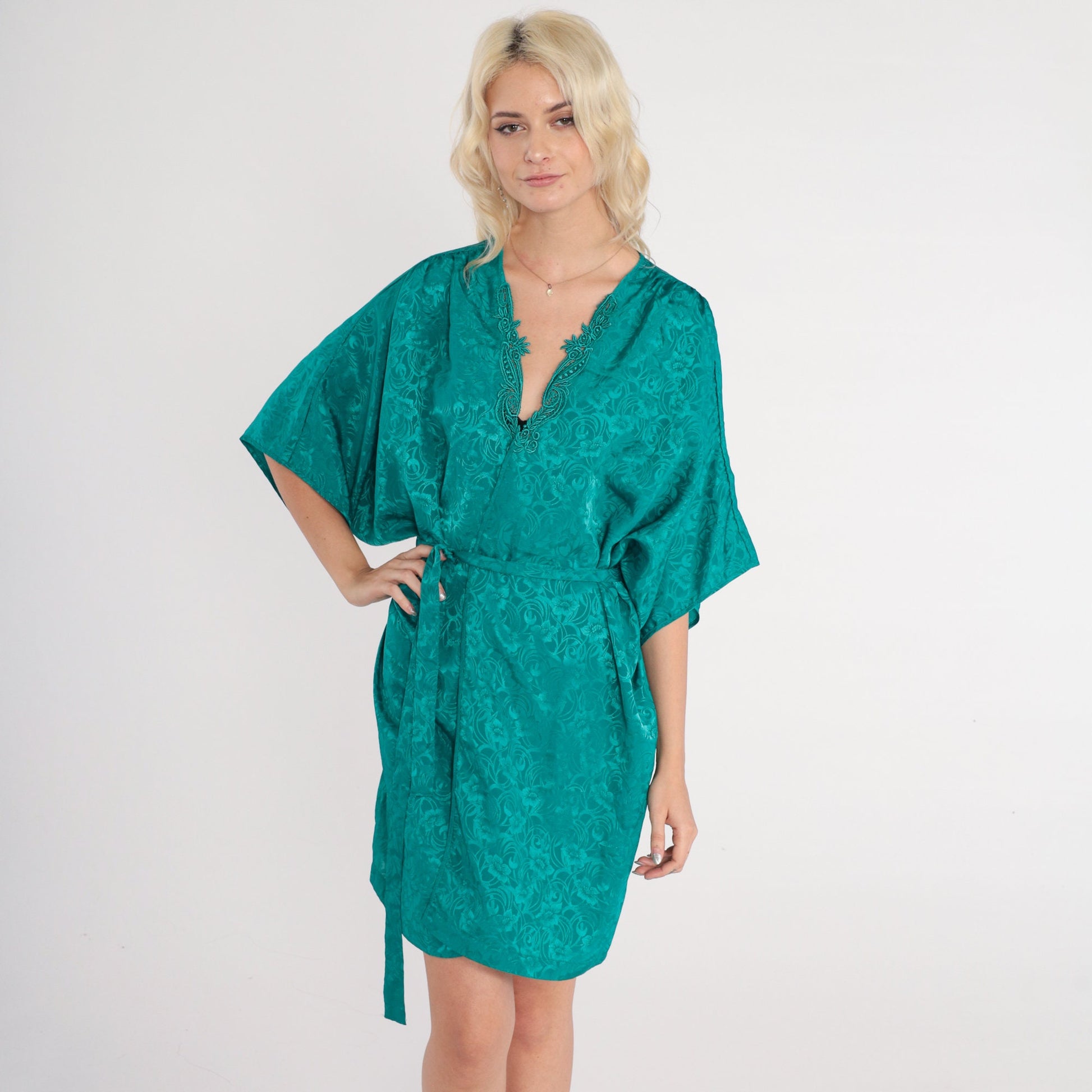 90s Val Mode Green Floral Embossed Pajama Robe Tie Front Mini Small S