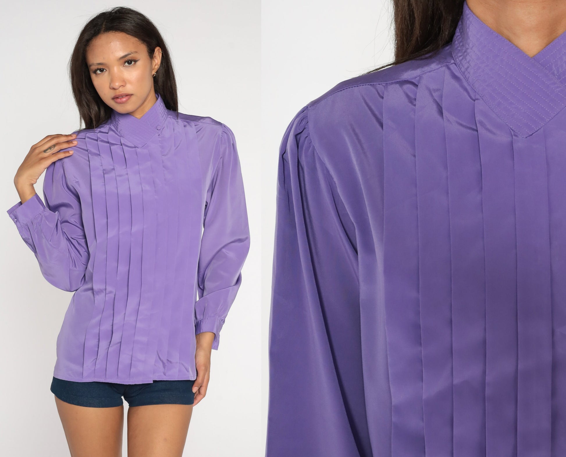80s Purple Puff Sleeve Blouse Pleated Collared Button-Up Large 12