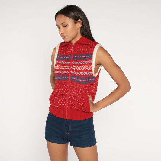 80s Fair Isle Fleece Vest Red Nordic Zip-Up Shearling Lining Extra Small