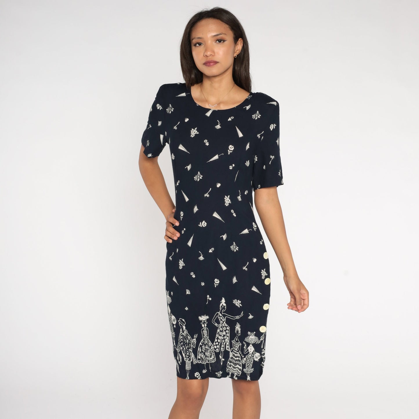 90s Floral Dress Black White Flower Print Midi Sheath Button Side Medium