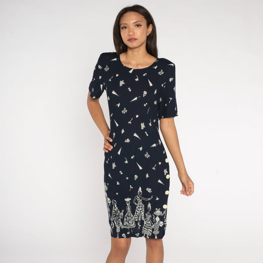 90s Floral Dress Black White Flower Print Midi Sheath Button Side Medium