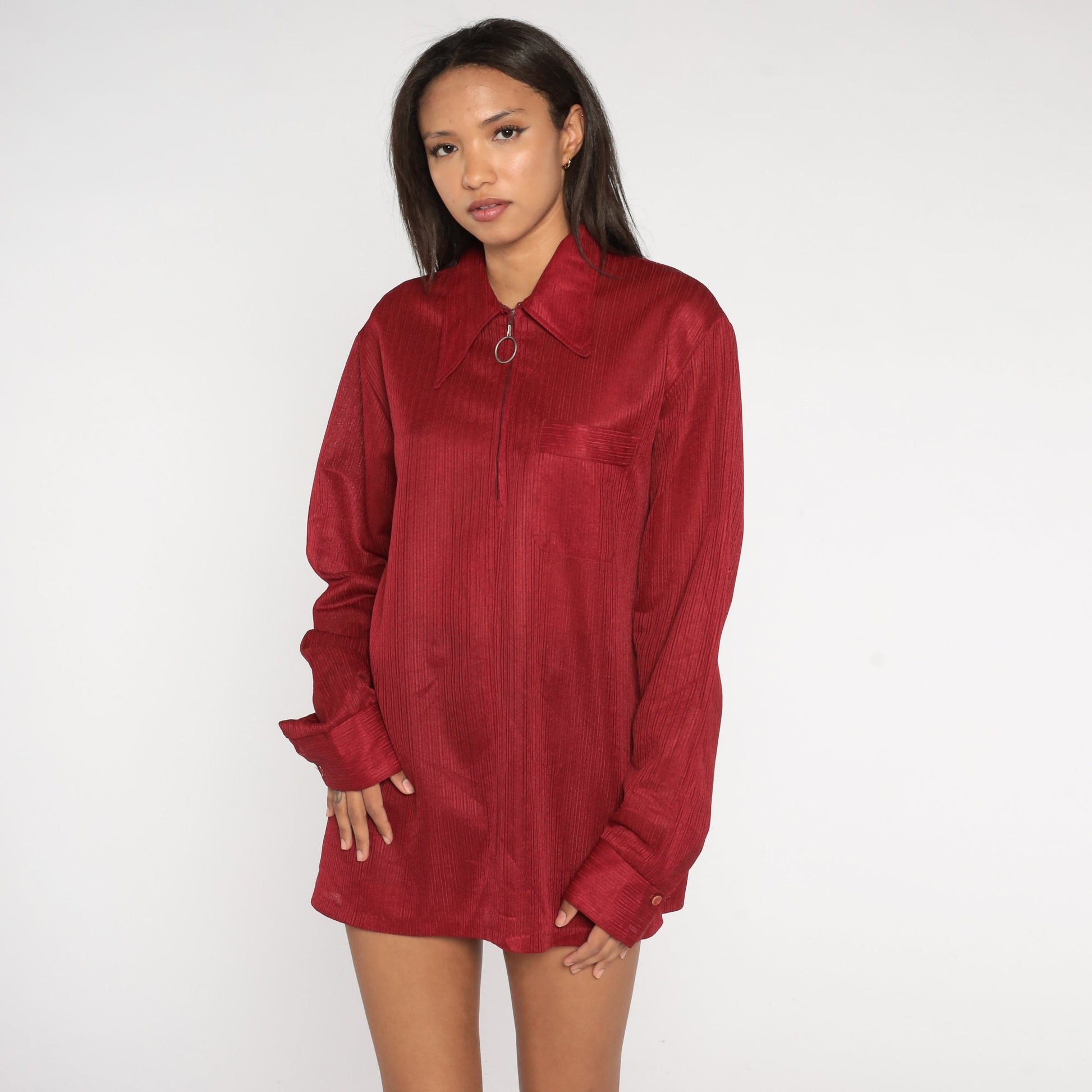 70s Burgundy Ring Pull Zip Shirt Dagger Collar Long Sleeve Extra Large