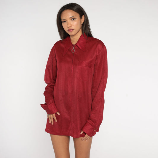 70s Burgundy Ring Pull Zip Shirt Dagger Collar Long Sleeve Extra Large