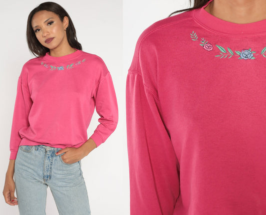 90s Floral Embroidered Sweatshirt Hot Pink Crewneck Pullover Extra Small