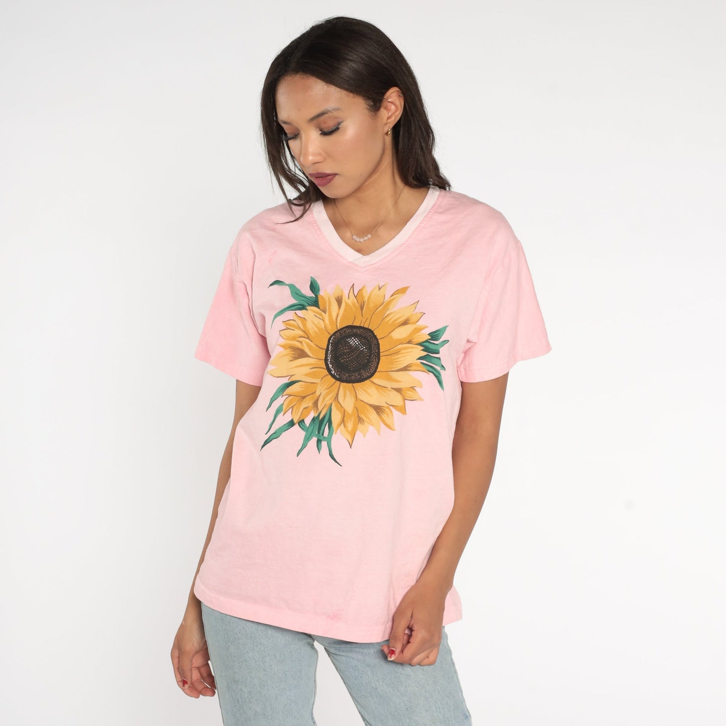 90s Sunflower Graphic T-Shirt Baby Pink V-Neck Cotton Tee Small