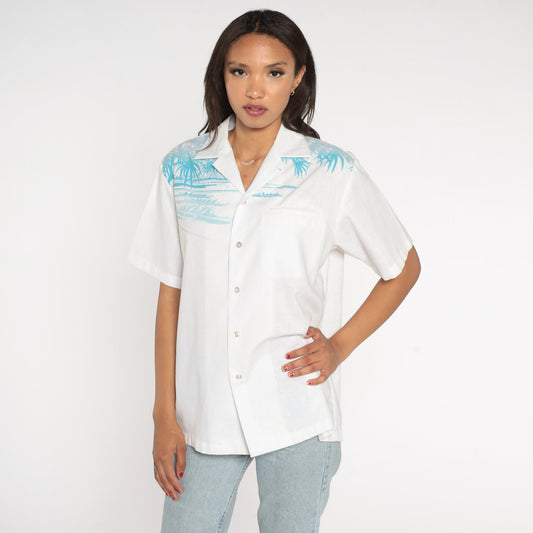 90s Iolani Hawaiian Outrigger Shirt White Button Up Tropical Print Medium