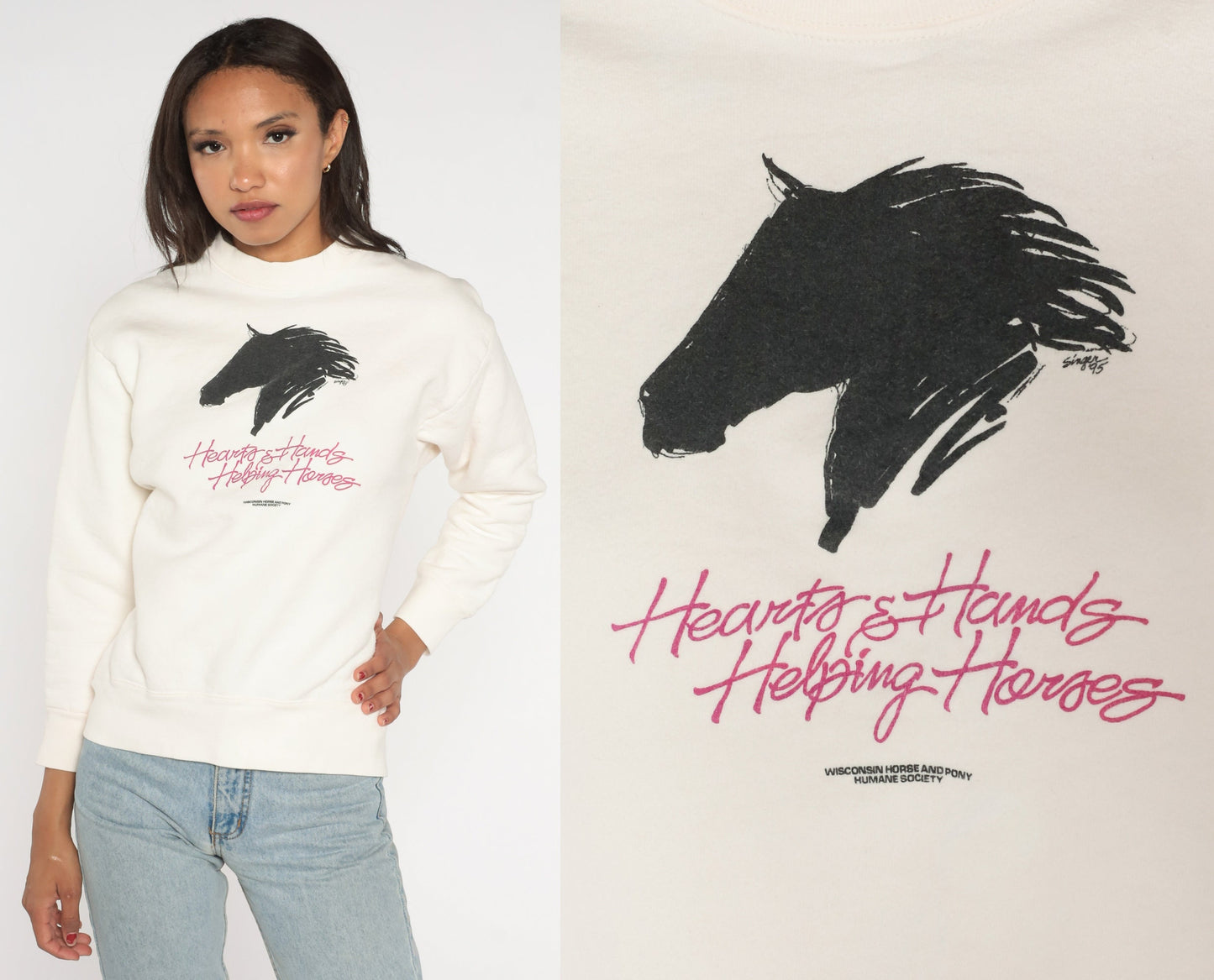 90s Hearts Hands Helping Horses Wisconsin Sweatshirt White Mock Neck Small