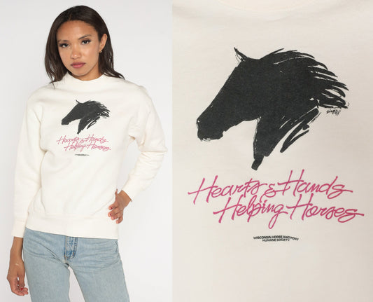 90s Hearts Hands Helping Horses Wisconsin Sweatshirt White Mock Neck Small