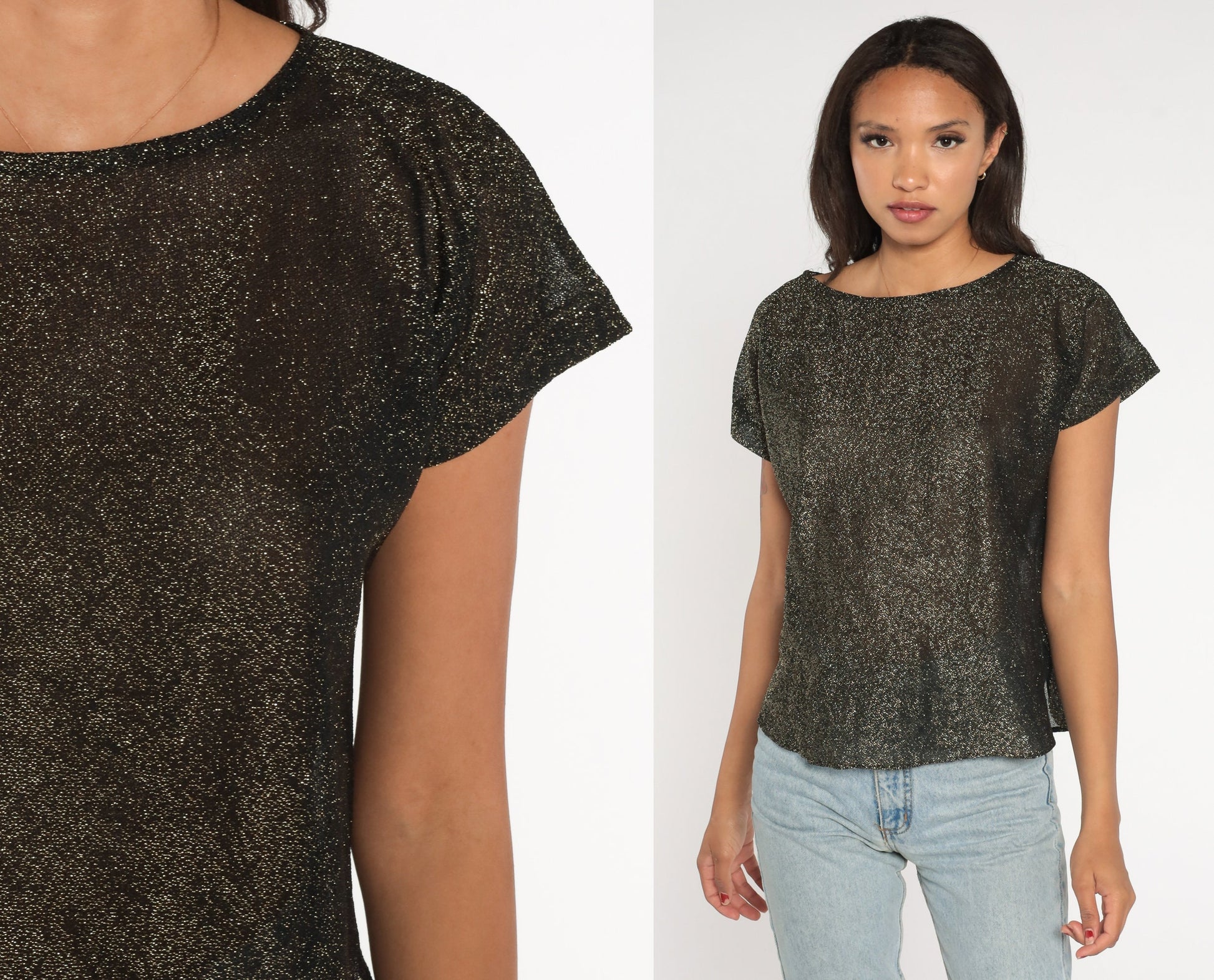 90s Metallic Black Gold Sparkly Blouse Short Sleeve Medium