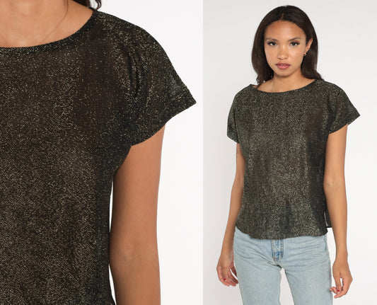 90s Metallic Black Gold Sparkly Blouse Short Sleeve Medium