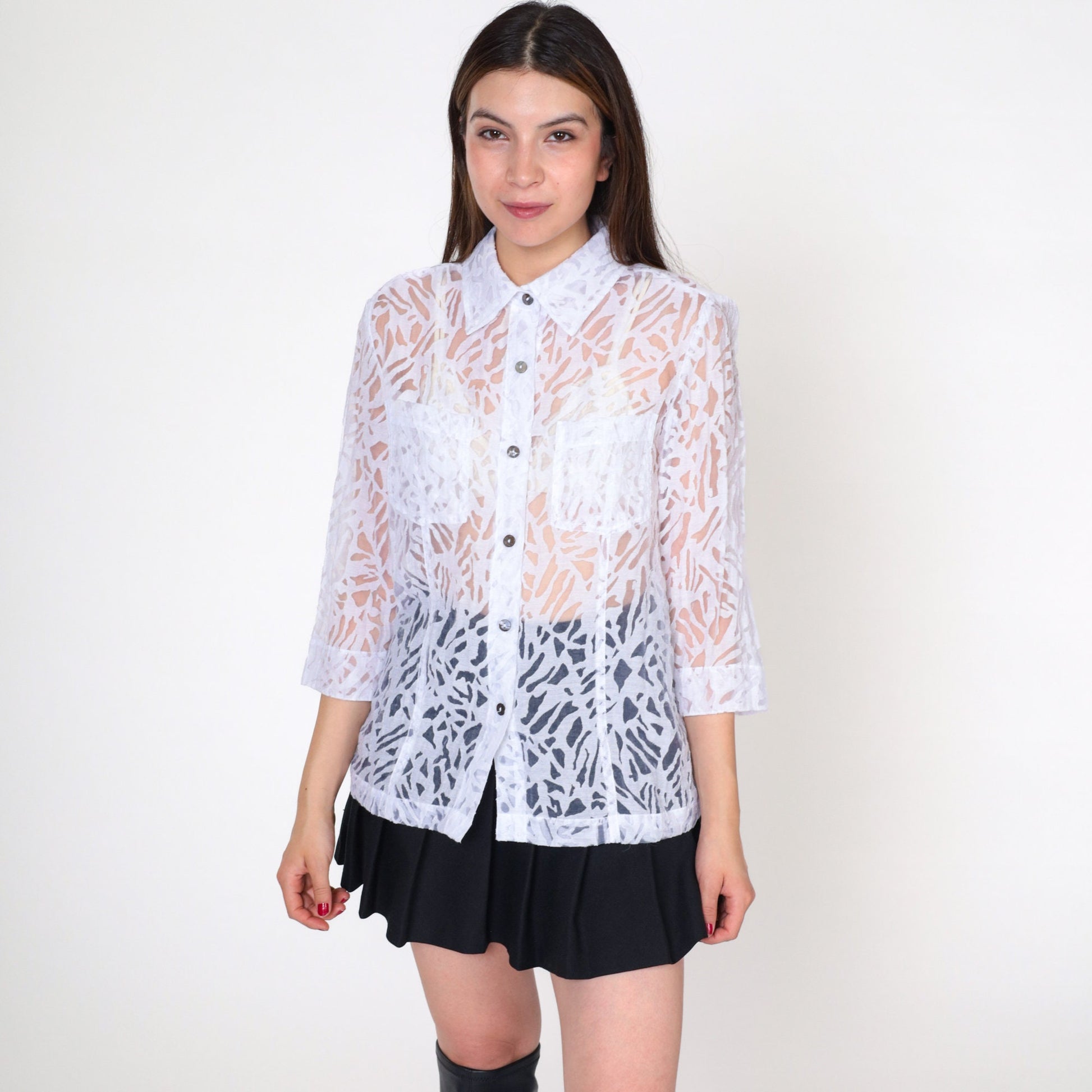 00s White Stag Sheer Burnout Blouse Animal Print Button-Up Small
