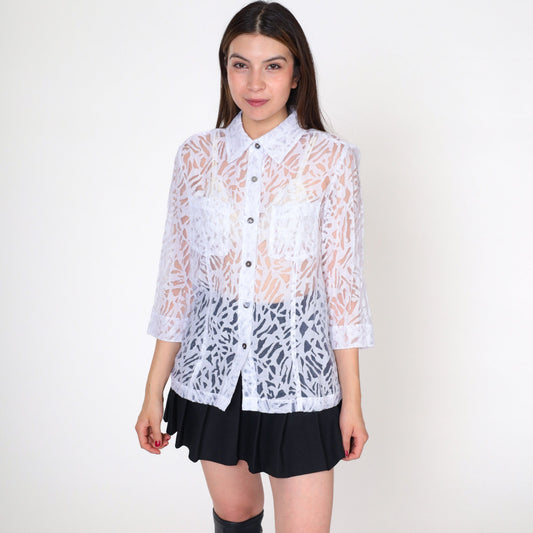 00s White Stag Sheer Burnout Blouse Animal Print Button-Up Small