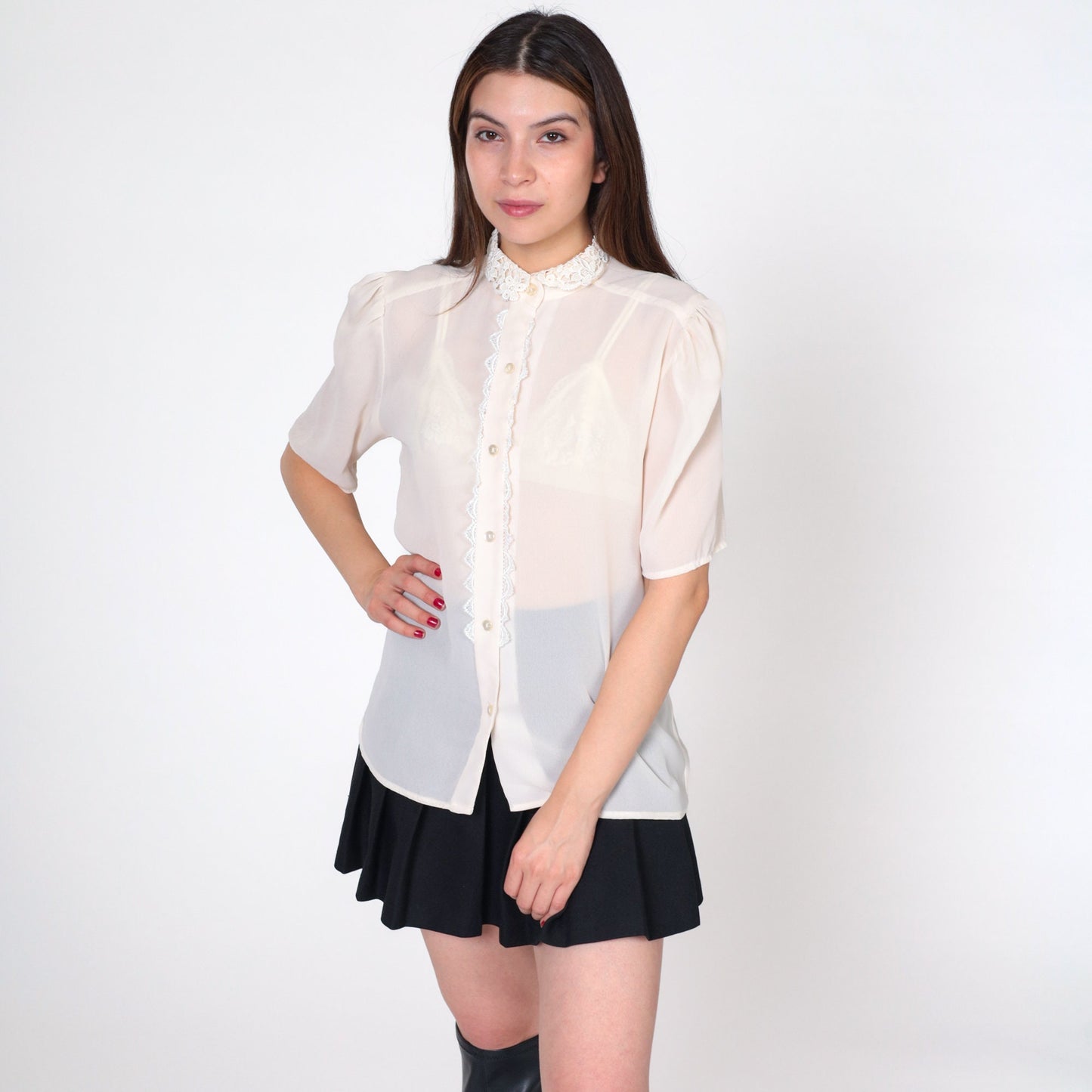 80s White Puff Sleeve Blouse Lace Collar Button-Up Short Sleeve Medium